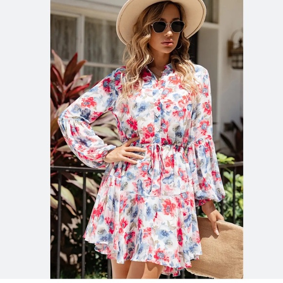 VICI Womens S Ruffle Mini Dress Multicolor Floral Chiffon Balloon Sleeve - Picture 8 of 8